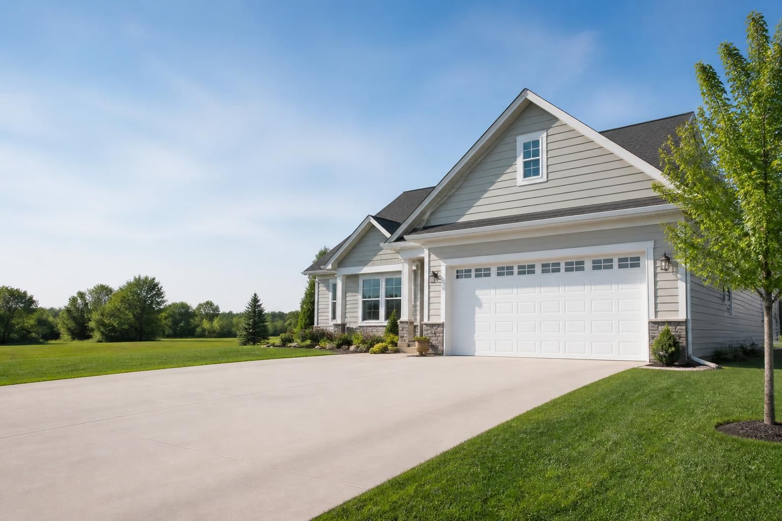 Clean home exterior with open space for call-to-action text.