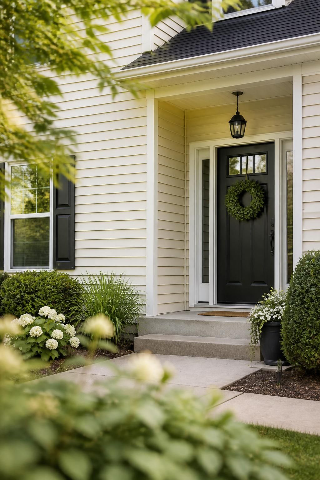 Clean house siding and refreshed front entry after washing.