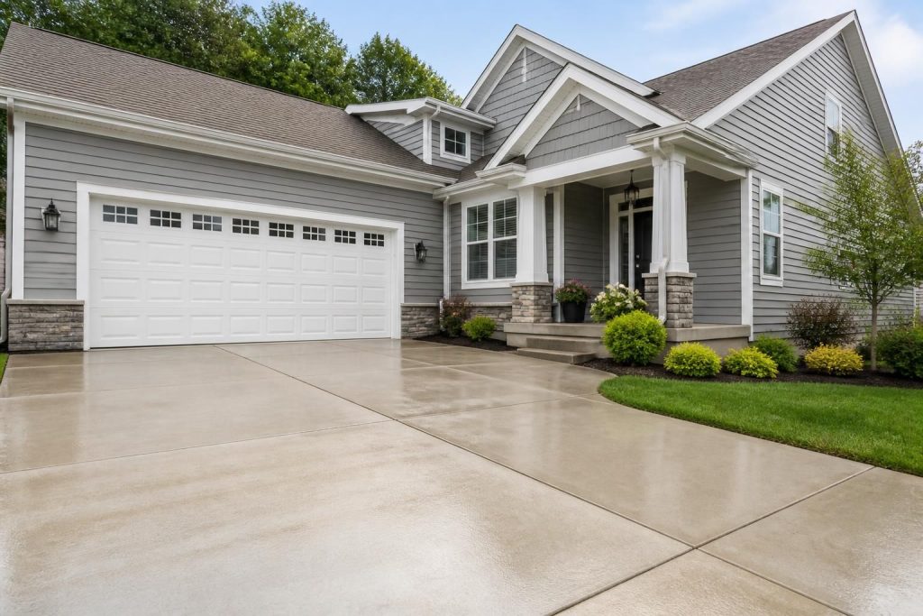 Freshly cleaned house exterior beside a bright washed driveway.